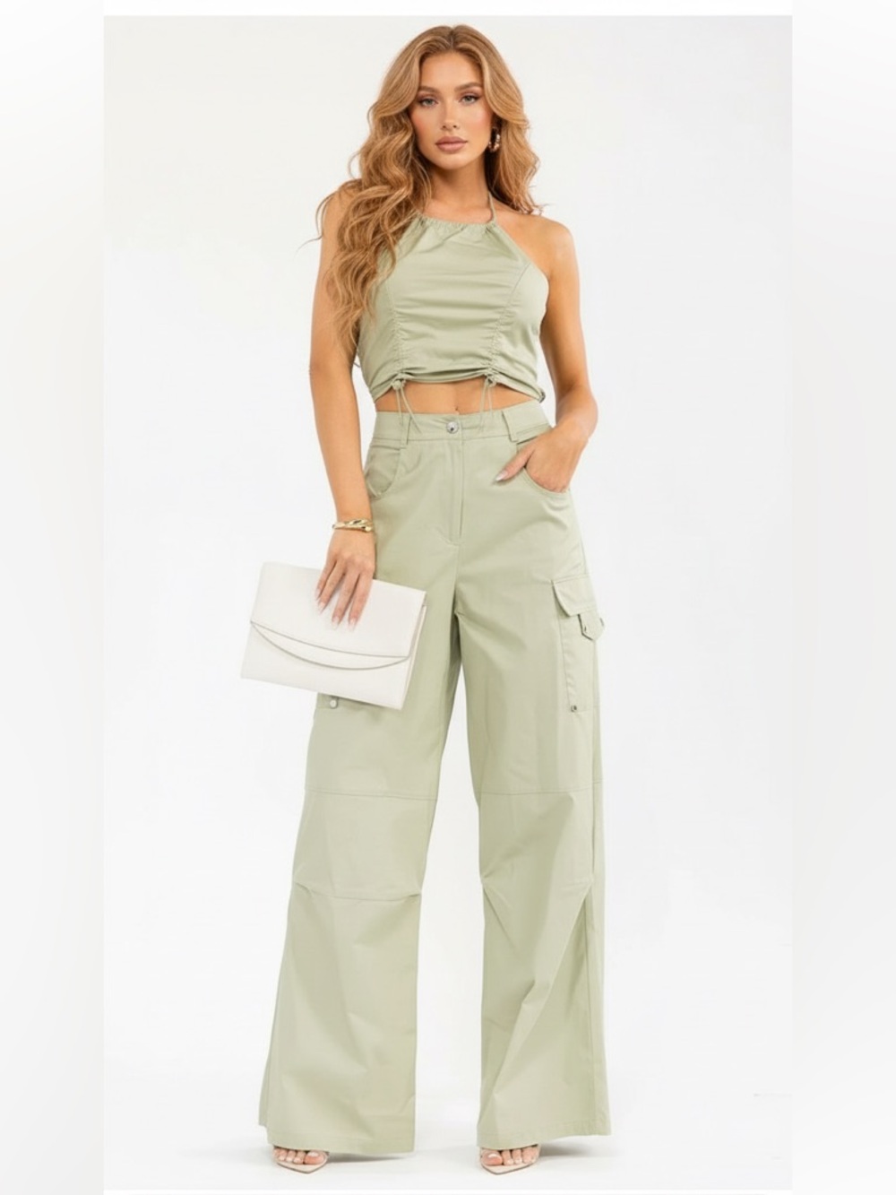 276. Annie SLEEVELESS CROP TOP & BUTTON CLOSURE PANTS SOLID 2PC. SET - Picture 5 of 8